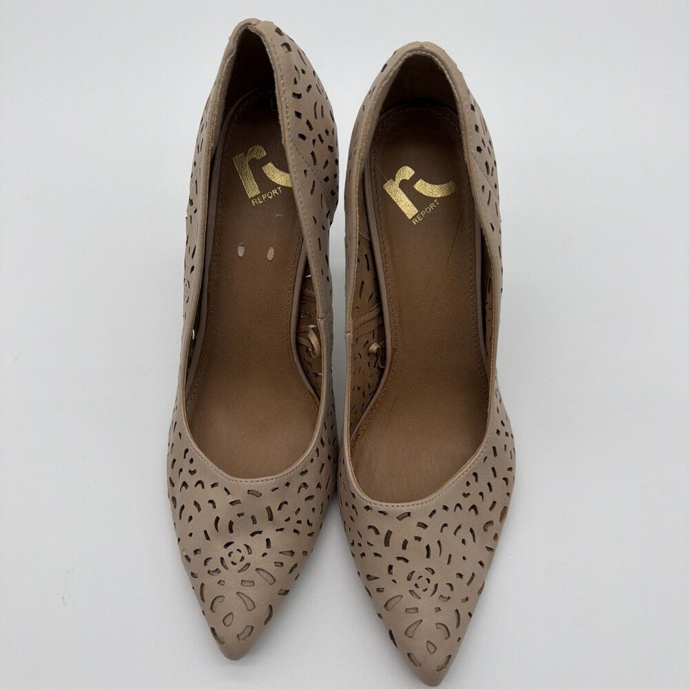 Report Shoes Beige Truffle Perforated Heels Pumps 8.5 Pointed Toe Stiletto Chic